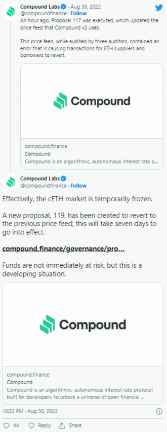 Compound Finance приостановила торговлю cETH из-за ошибки в коде