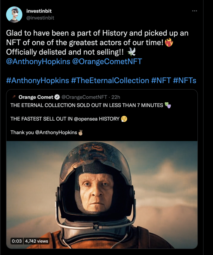 NFT Энтони Хопкинса были распроданы на OpenSea за 10 минут