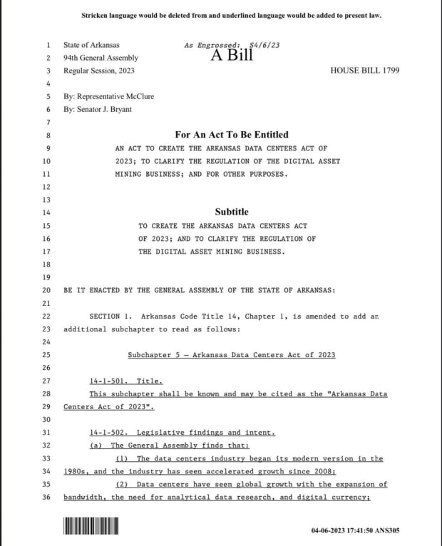 Arkansas House And Senate Pass Bill Protecting Right To Mine Bitcoin, Goes To Governor For Approval