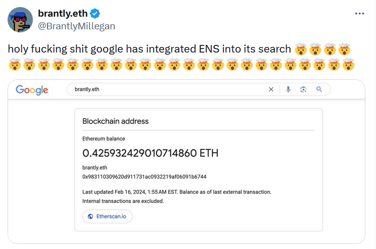 Google начала показывать балансы ENS-кошельков